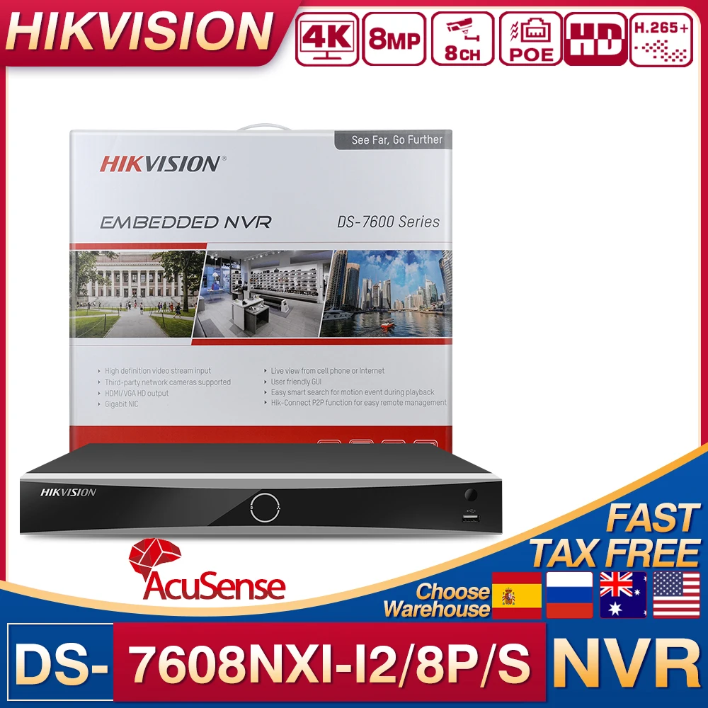 

Original Hikvision 4K 8 POE 8CH DS-7608NXI-I2/8P/S NVR Ports 4K H.265+ 2SATA AcuSense NVR Network Video Recorder