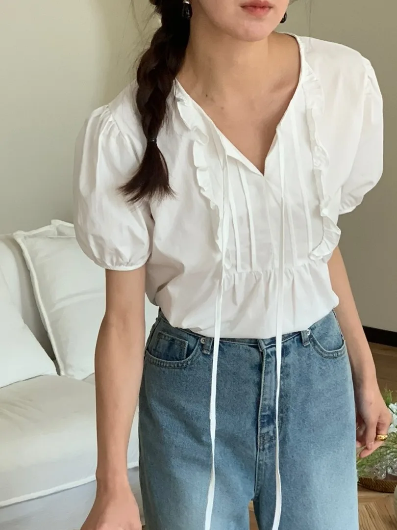 

Summer New Women's Bubble Sve irt Sweet Knot Wooden Ear ort Sve Loose Versatile Design Sense Blouse Commute Sle