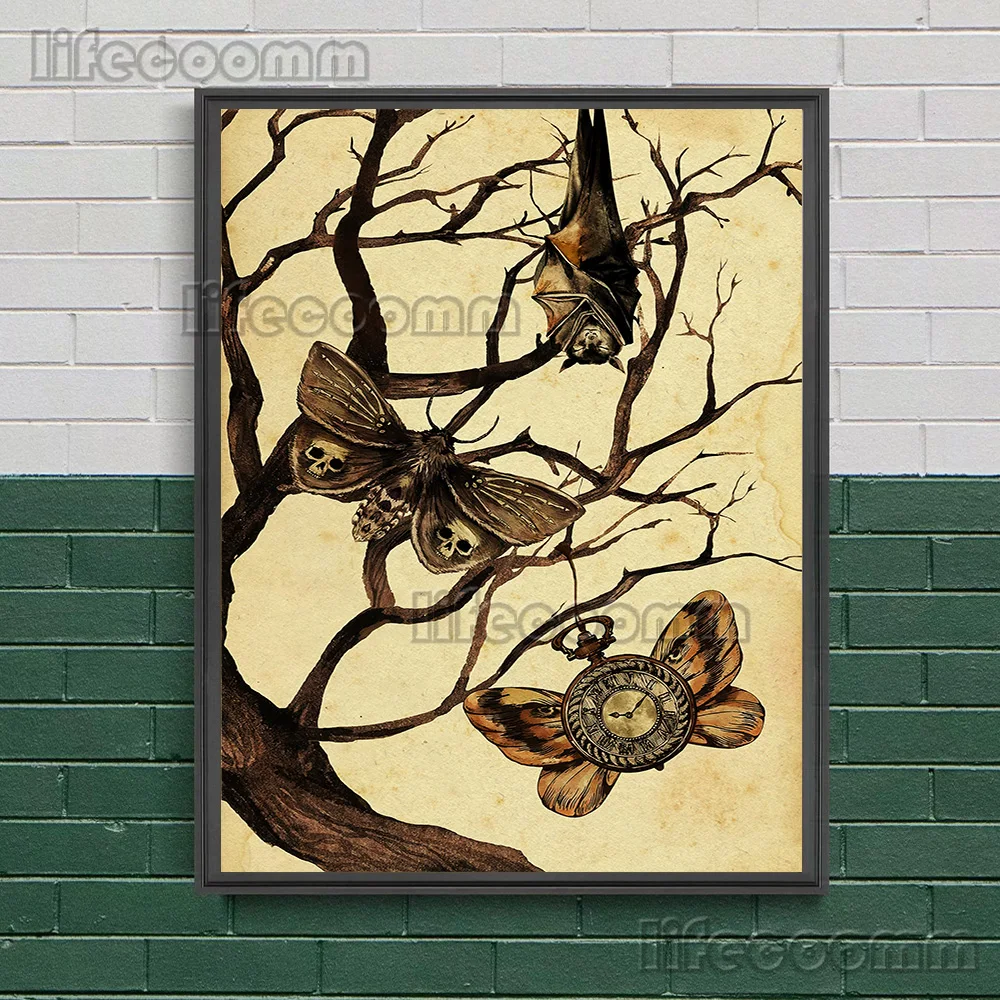 الساحرة غامض أسود أبيض الغراب الرموز خطوط هندسية ، جدار الفن قماش الطباعة ، العث والخفافيش القوطية ، الفن الحديث ، ديكور طباعة الملصق #2