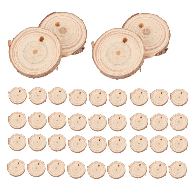 H-W 40 pièces 3-4CM tranches de bois rondes naturelles inachevées cercles avec disques de bûches d'écorce d'arbre pour bricolage artisanat décoration de fête à la maison
