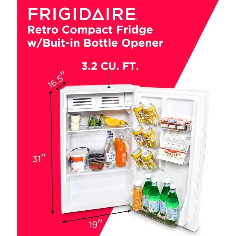 Frigidaire Retro Compact Fridge with Chiller, 3.2 cu ft Countertop Fridge with Built-In Bottle Opener, Compact Refrigerator