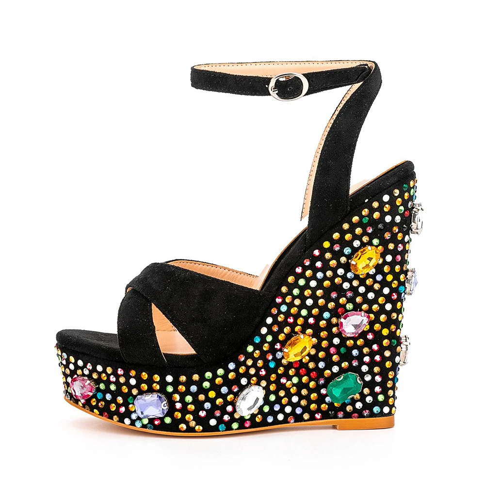 

Colored Gem Blingbling Wedge Sandals Ankle Strap Buckle Cross Belt Open Toe Sandals Summer Platform High Heel Sandals for Women