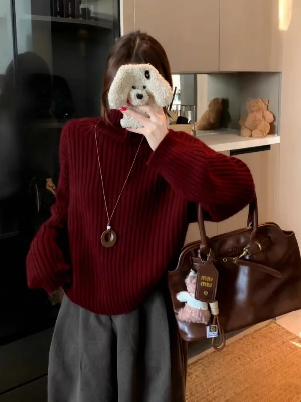Ladies Thickened Short High Collar Sweater Winter Commute Style Loose Fit Knitted Winter Coat Large Size Small Figure Friendly