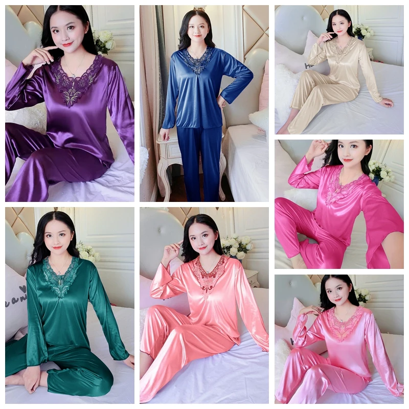 Women\'s Pajamas Set Summer Long Sleeve And Pants Pyjamas Two-piece Set Pajama Ice Silk Satin Sexy Sleepwear Home Suit Loungewear