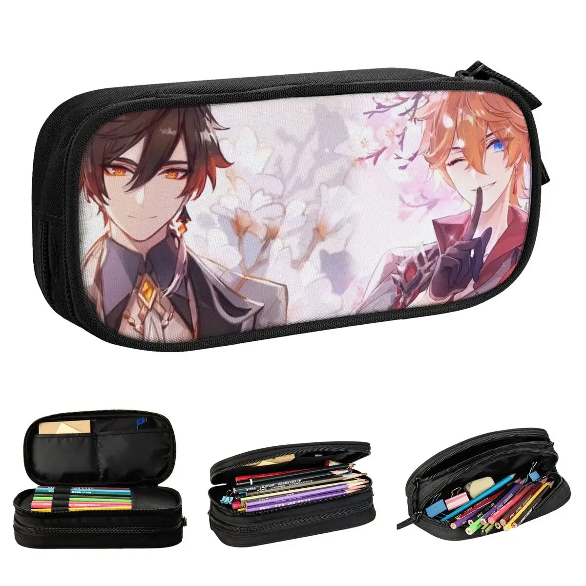 Zhongli Tartaglia Pencil Case Genshin Impact Anime Pencilcases Pen Holder for Student Capacity Bags School Cosmetic Stationery