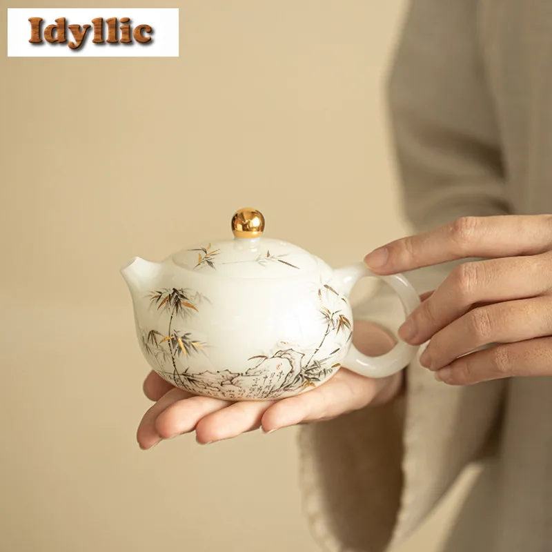 190ml Sheep Fat Jade Icy Gold-inlaid Jade Bamboo Teapot Zen Tea Infuser Pot Tea Soaking Kettle With Ball Hole Tea Ceremony Gift