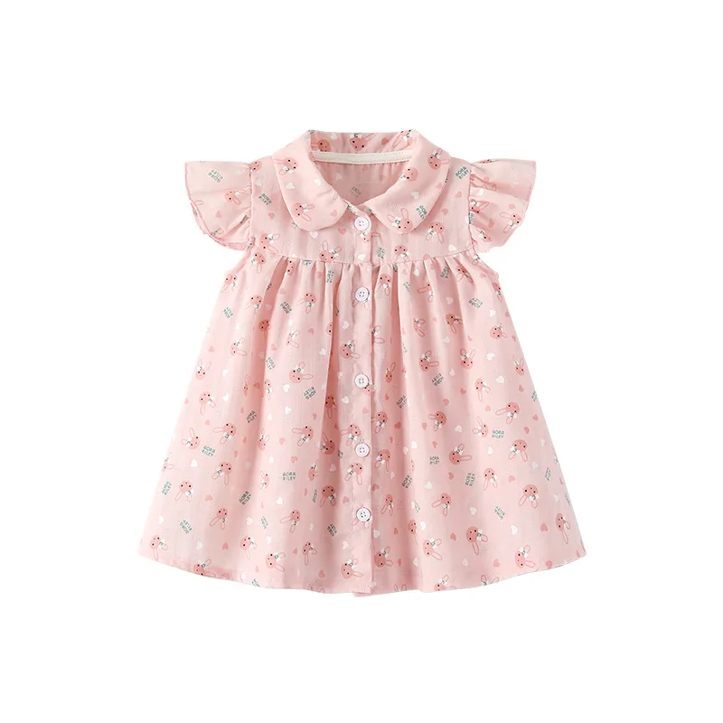 2024 Pink Rabbit Printing Toddler Girl DressTurn Down Collar Kids' Dresses Clothing Flying Sleeves Children Clothes with Button