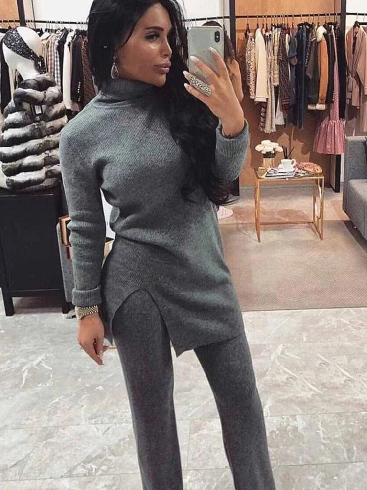 TAOVK-Women\'s Knitting Suits Turtleneck Pullover Sweater Elastic Waist Pant  Autumn Winter 2 Pcs Set