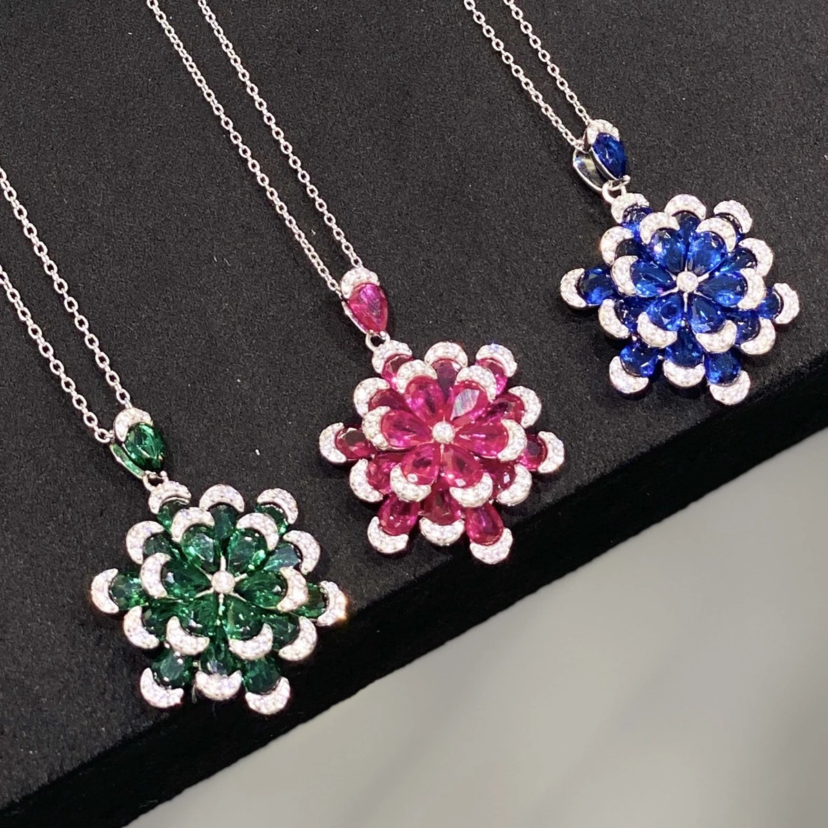 KQDANCE 925 Silver Lab Grown Pink White Green Blue Red Ruby Carbon Diamond Lotus Flower Necklace Luxury Fine Jewelry For Women
