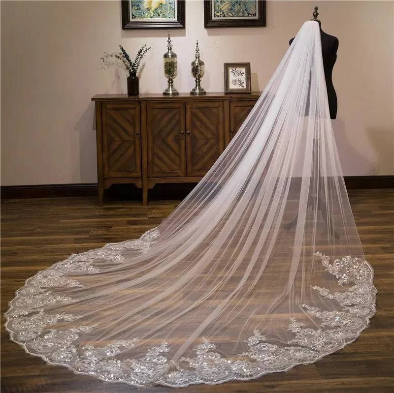 Wholesale white Ivory 3 Meter Cathedral wedding veils Sequin Lace Appliques Bridal veil Pearls Bridal Veil  Soft Tulle Veil