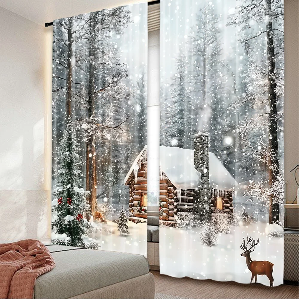 2 Stück 2D-Flachdruck Weihnachten Heiße Vorhänge WinterCabin Digitaldruck Polyester Vorhänge Festliche Vorhänge Perfekt für Festliche