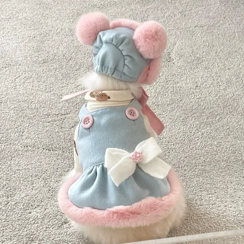 

Instagram New Years Dog Dress Winter Blue Wool Pink Rabbit Fur Hem Bear Ears Halter Dress Dog Skirt Hat Outfit Give Hair Clips