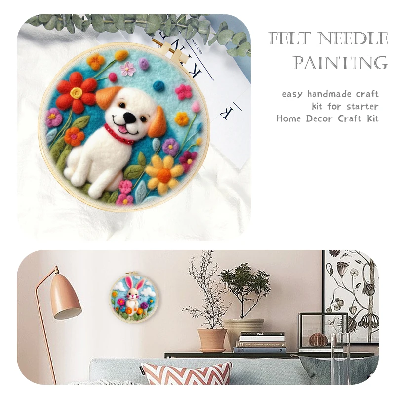 GATYZTORY 20x20cm Wool Needle Felting Painting Dog and rabbits Animal Handicraft Needle Felting Painting Kits Home Decor
