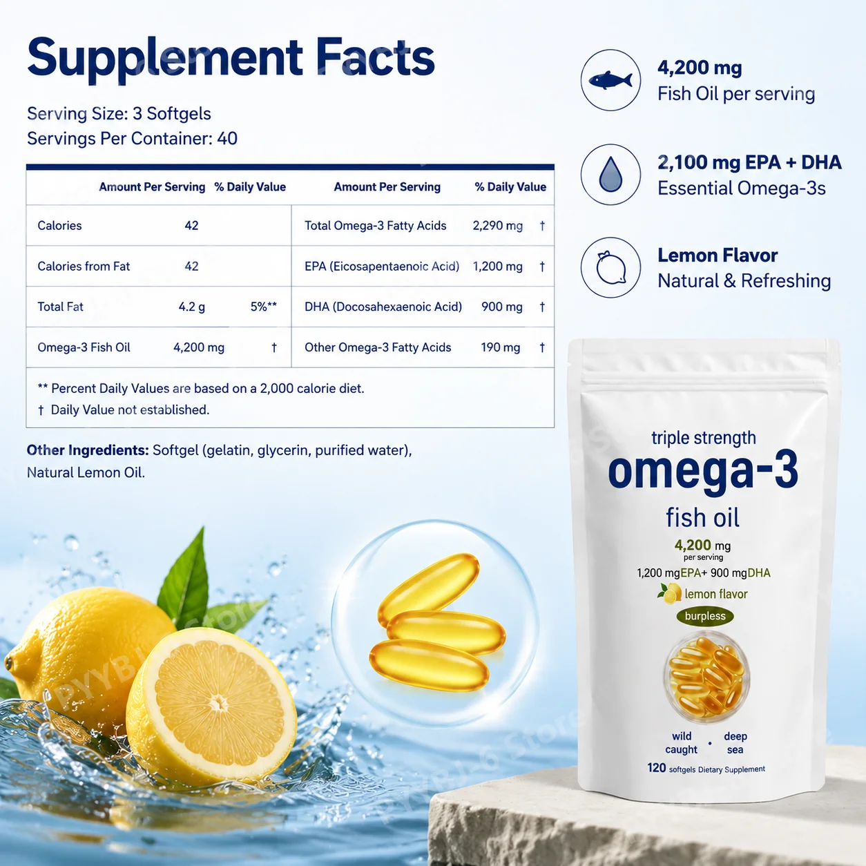 Triple Strength Omega 3 Fish Oil4200mg Per Serving 120/240 Softgels Lemon Flavor Burpless EPA DHA Support Heart Brain Eye Health - view 4