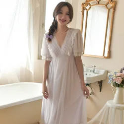 Vintage V-neck Short Sleeve Princess Long Nightgowns For Women Summer Modal Gzuze Lace  Long Sleepwear