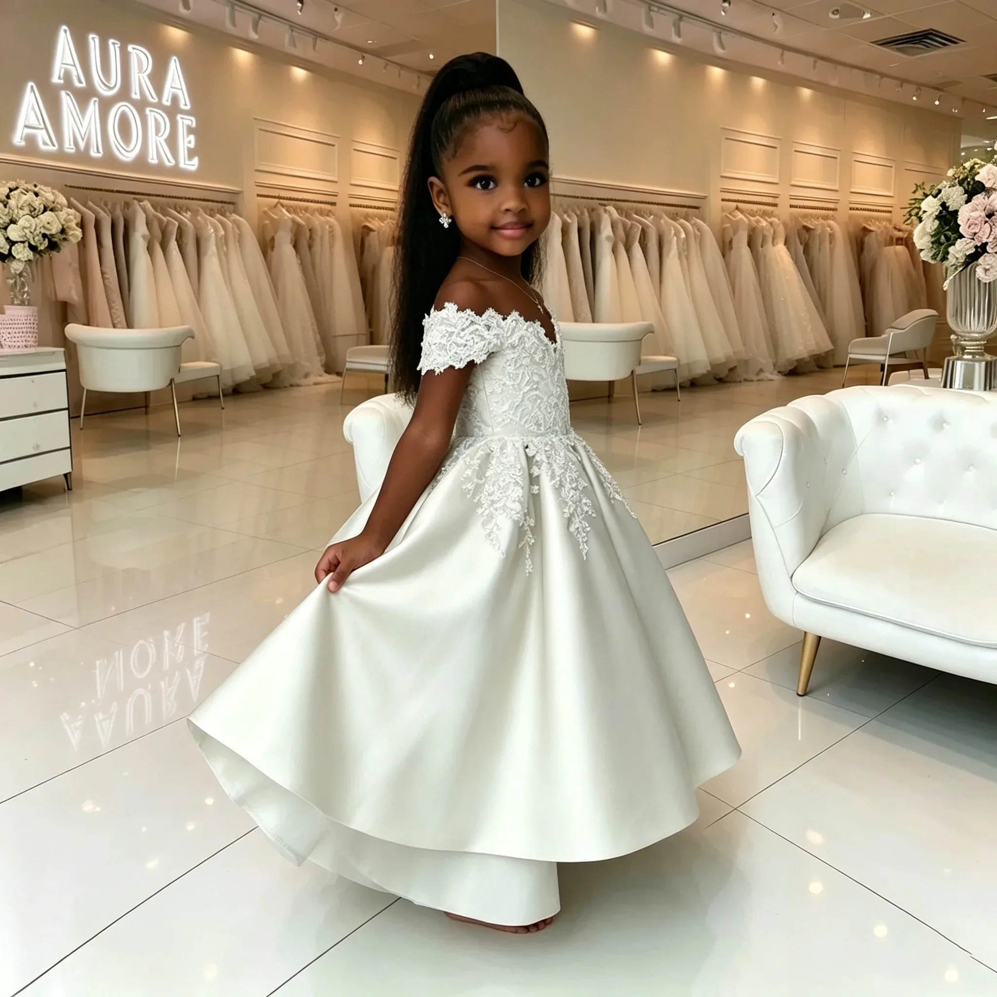 Maßgeschneidertes Großhandels-Elfenbein-Blumenmädchenkleid für Hochzeiten, Puffiges Satin-Spitzenapplikations-Kinderkleid für Geburtstagsfeiern, Erstkommunion, Ballkleid – Detail 7
