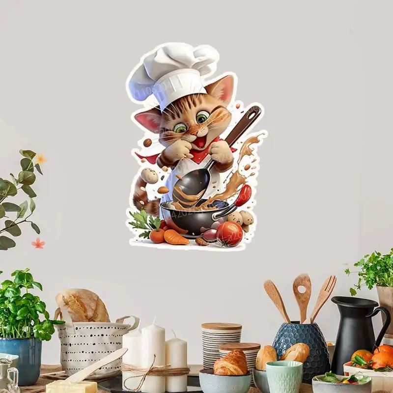 Funny Chef Cat Wall Stickers Removable PVC Art Kitchen Refrigerator Decor for Dining Room Living Area AA162