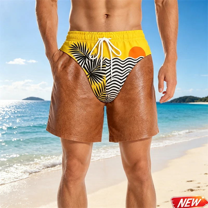 Trunks Board Surf - กางเกงว่ายน้ำชายลายปาล์มทรอปิคอล 3D พร้อมเชือกผูก แห้งเร็ว เหมาะสำหรับชายหาดและเซิร์ฟบอร์ดในฤดูร้อน