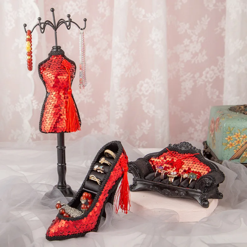 Red sequin Model Jewelry Rack Resin High-heel Shoes Ring Display Tray Creative necklace Jewelry Holder Showcase Prop