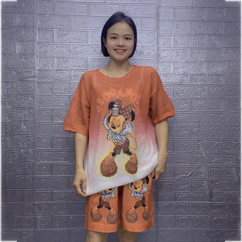 Two Piece Sets Womens Outfits Loose Vintage Clothes Cartoon Pattern Printed Diamonds Short Sets Knitting Костюм Женский Летний