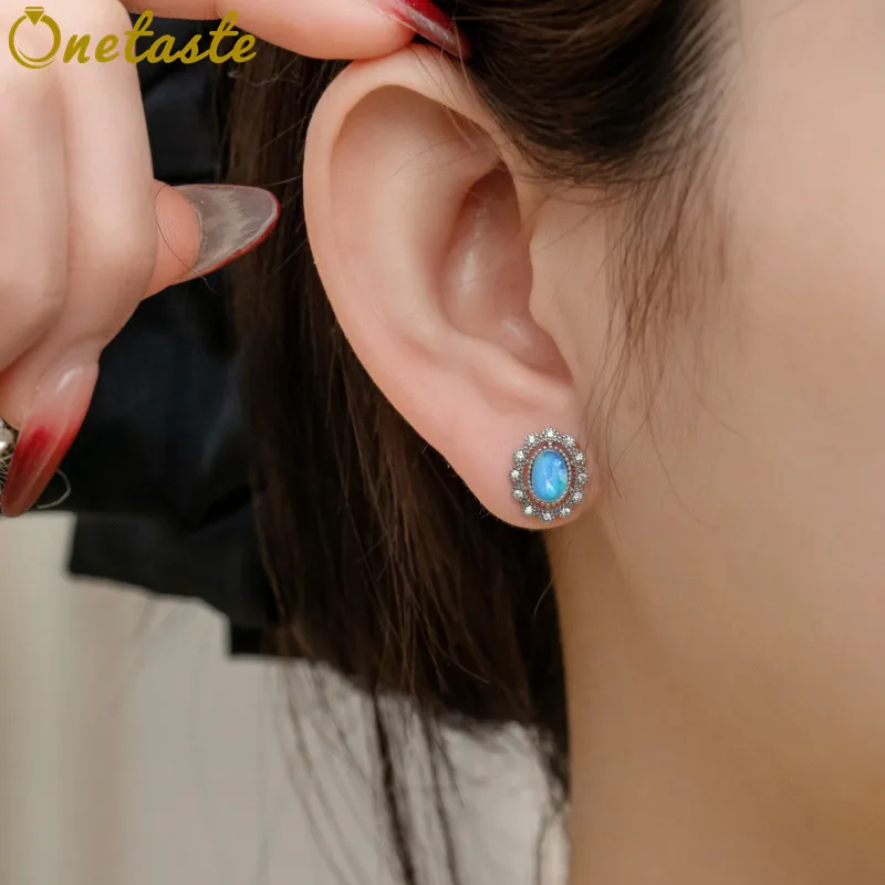 

925 Sterling Silver Opal Cubic Zirconia Oval Stud Earrings For Women Court Style Dainty Lightweight Stackable Earring Party Gift