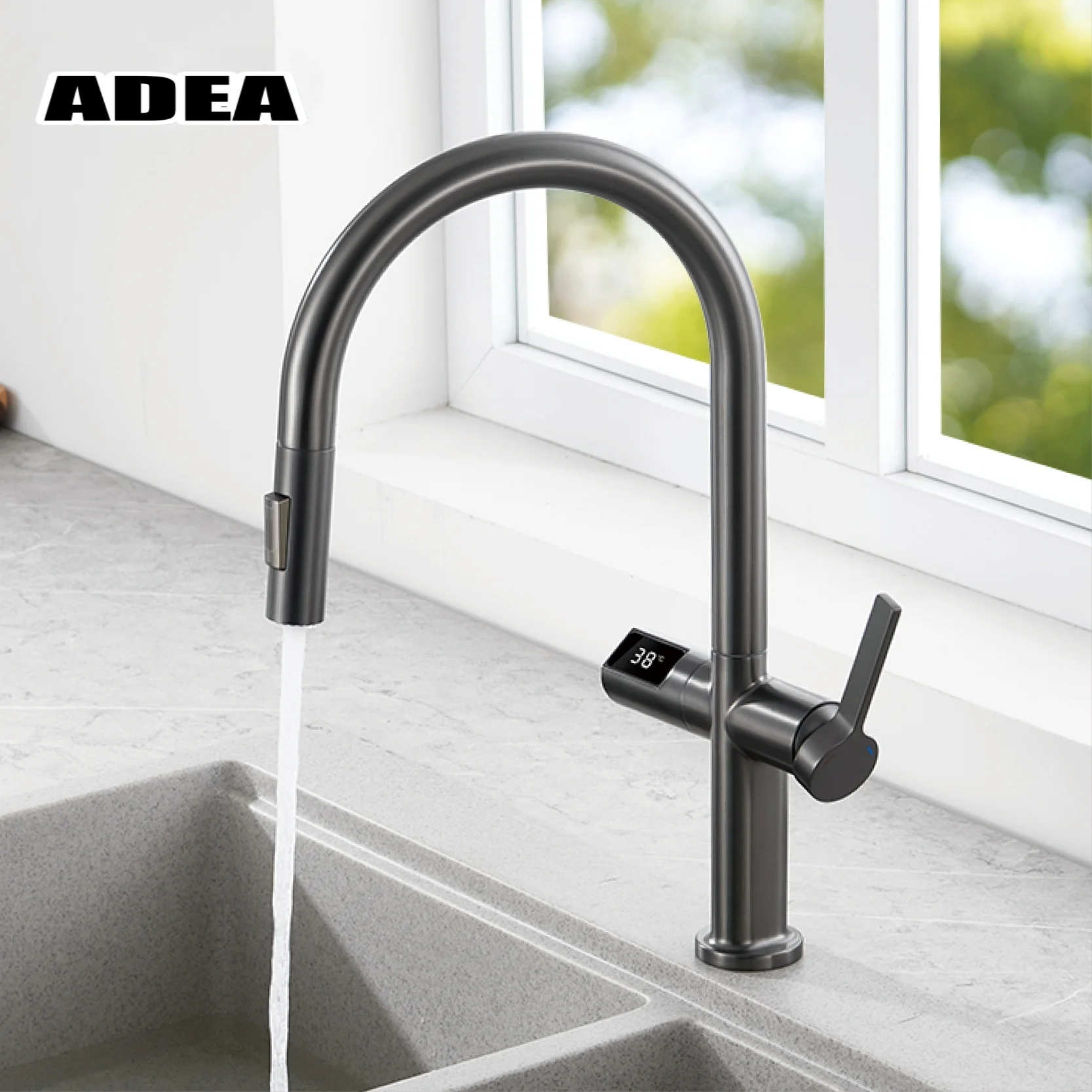 Light Luxury Gun Gray Brass Kitchen Faucet Digital Display Induction Design Single Handle Cold & Hot Dual L 2 Function Sink Tap
