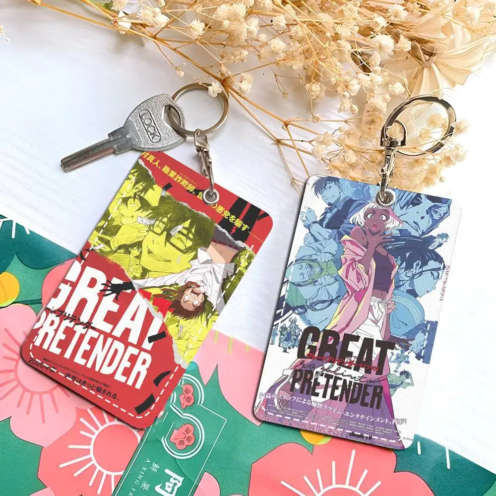 Great Pretender  Rectangle ID Card Case Keychain Access Card Bag Key Tag Ring Leather Card Holder Key Ring Access