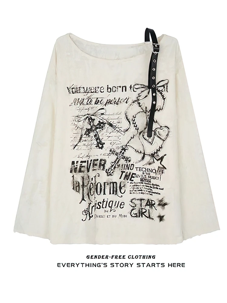 Women's Vintage Y2K Off Shoulder T-Shirt Beige Black