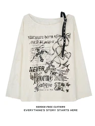 Vintage Y2K Oversize Off shoulder T shirt With Print Women Ripped Top Hole Long sleeve Baggy Basic T shirt Pulovers Ladies Tops
