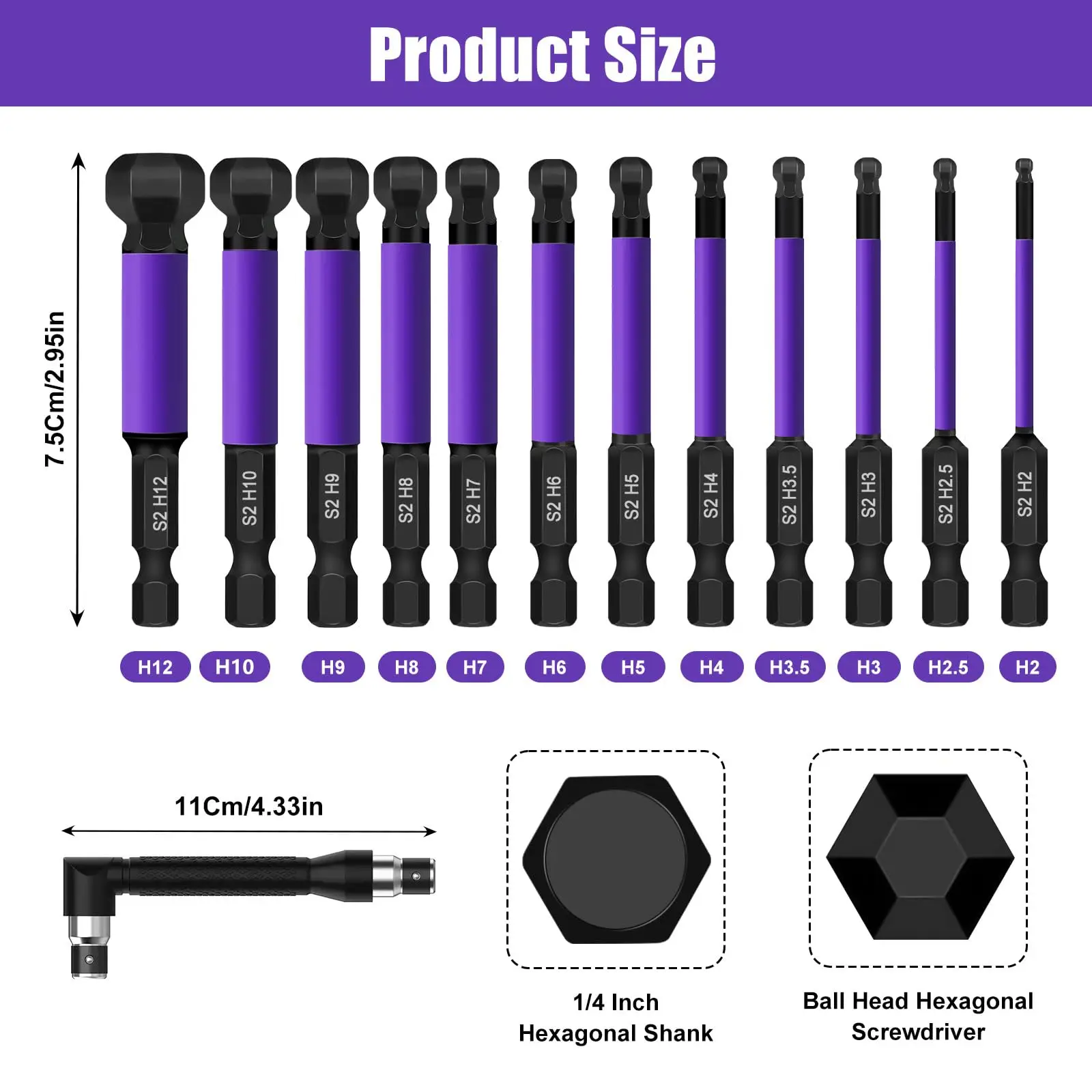 12PCS Magnetic Ball-End Hex Allen Bit Set 2-12mm 1/4'' Quick Change S2 Steel Anti-Rust for Drill DIY Furniture Bike