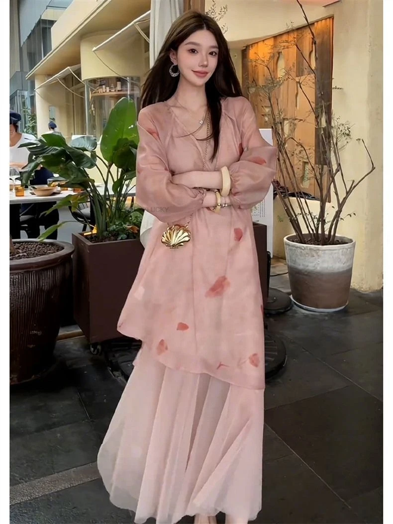 

Новый нежный розовый топ с принтом в китайском стиле и юбка на подтяжках, костюм в китайском стиле, женский элегантный комплект Qipao Daily Hanfu Dress Set