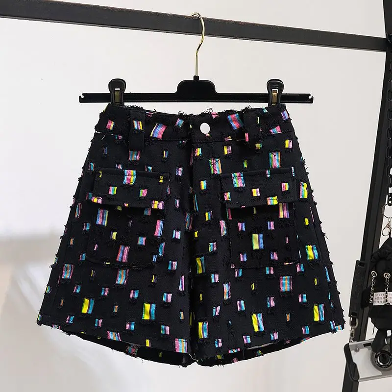 Summer New Personalized Perforated Colorful Patch Denim Shorts Women's Street Clothing High Waist Slim Wide Leg Pants TT1566