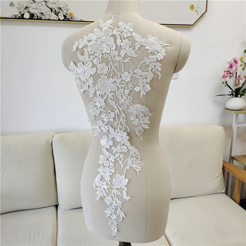 Off White Flower Branch Lace Fabric Embroidered Gown Appliques Trims Collar Mesh Sew On Patch For Wedding Decoration Dress DIY