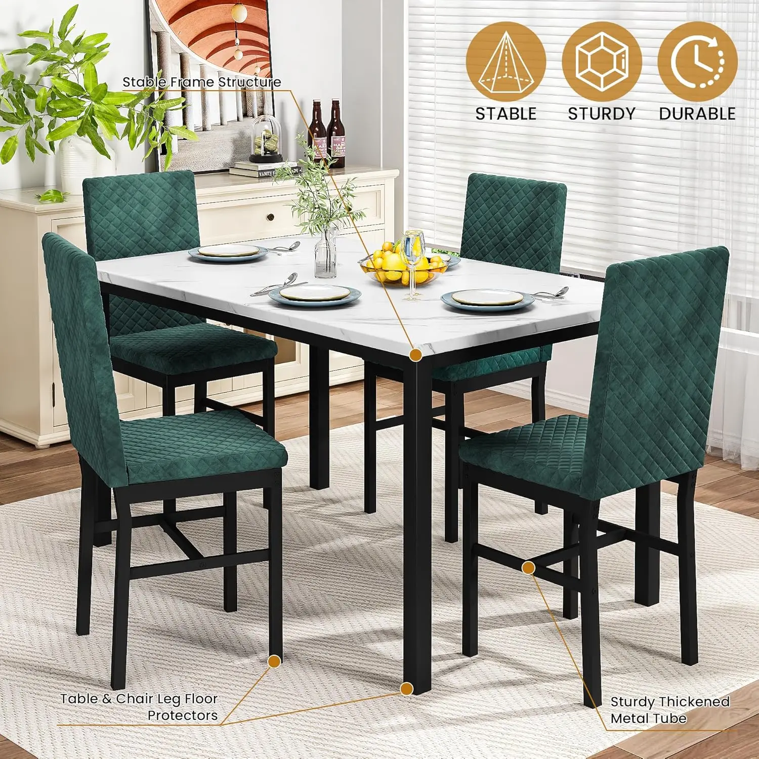 Dining Table Set for 4, Kitchen Table and Chairs, Faux Marble Dinner Set w/ 4 Upholstered Velvet Chairs for Kitchen Dining Room