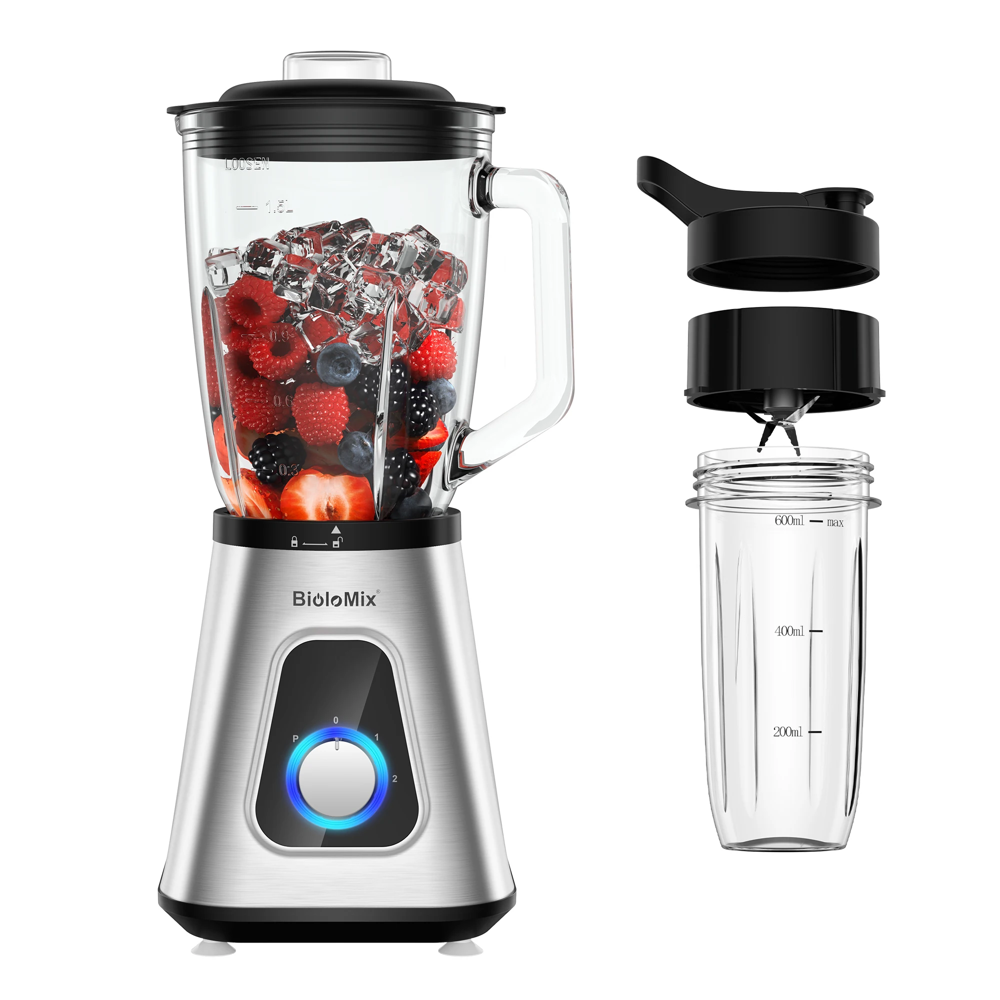 BioloMix Professionele 1300W blender met 1,5L BPA-vrije glazen kan, perfect voor bevroren smoothies en zelfgemaakte sauzen