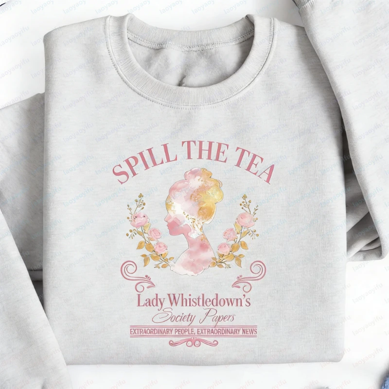 Spill The Tea Sweatshirt Lady Whistledown Langarm-Hoodie im Regency-Stil mit Vintage-Silhouette und floralem Gossip Society Papers-Motiv