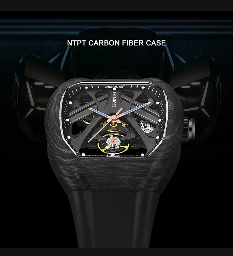 

CRONUSART Men Automatic Watch Carbon Fiber Tonneau Mechanical Wristwatch Skeleton Luminous Case Folding Hidden Crown Handle