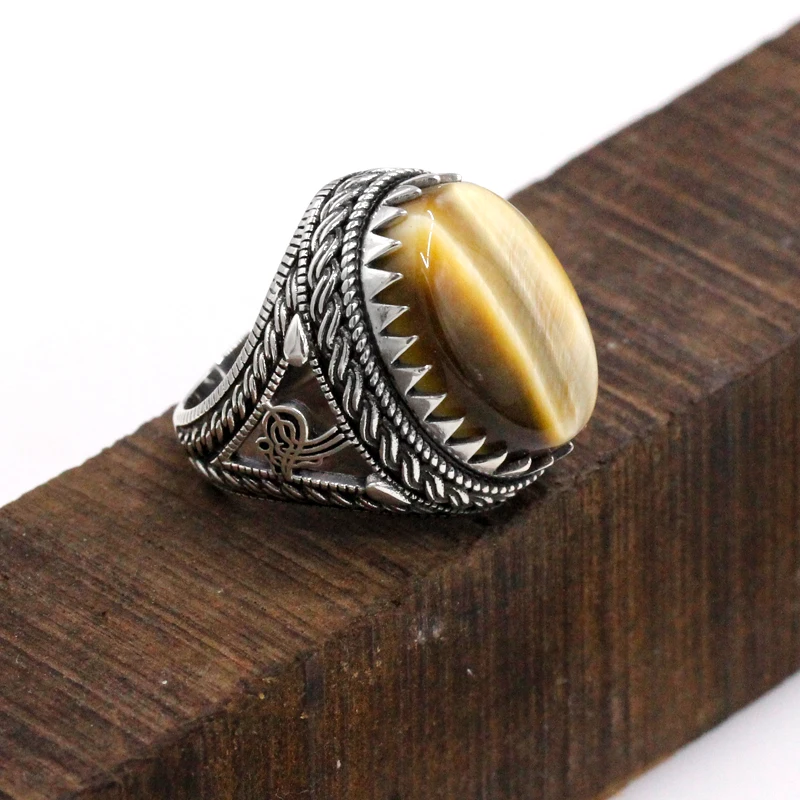 خاتم فضة 925 أصلي من الذهب الطبيعي على شكل عين النمر هدية كلاسيكية للرجال تصميم تركي أنيق ذو طبقات مجوفة