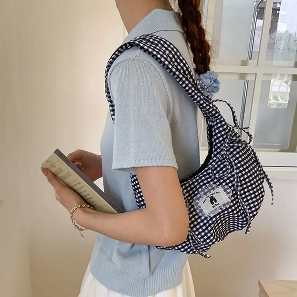 

Sweet Y2k Bow Shoulder Bag Ruffles Pleated Plaid Armpit Bag Commuting Leisure Underarm Bag Handbags