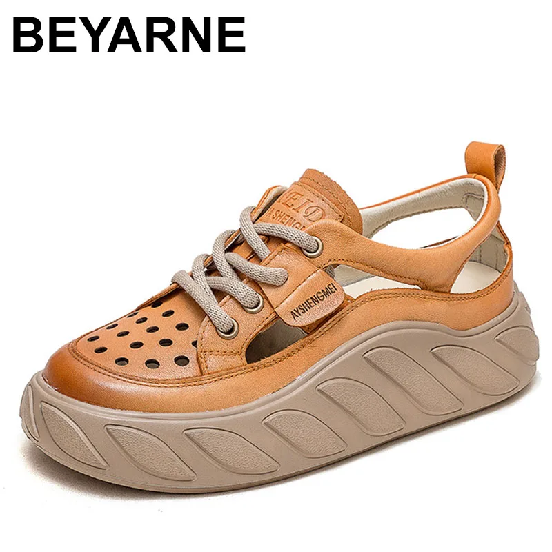 

Women Sandals Genuine Leather 5cm Natural Platform Wedge Chunky Sneakers Female Hollow Moccasins Flats Fashion Shoes