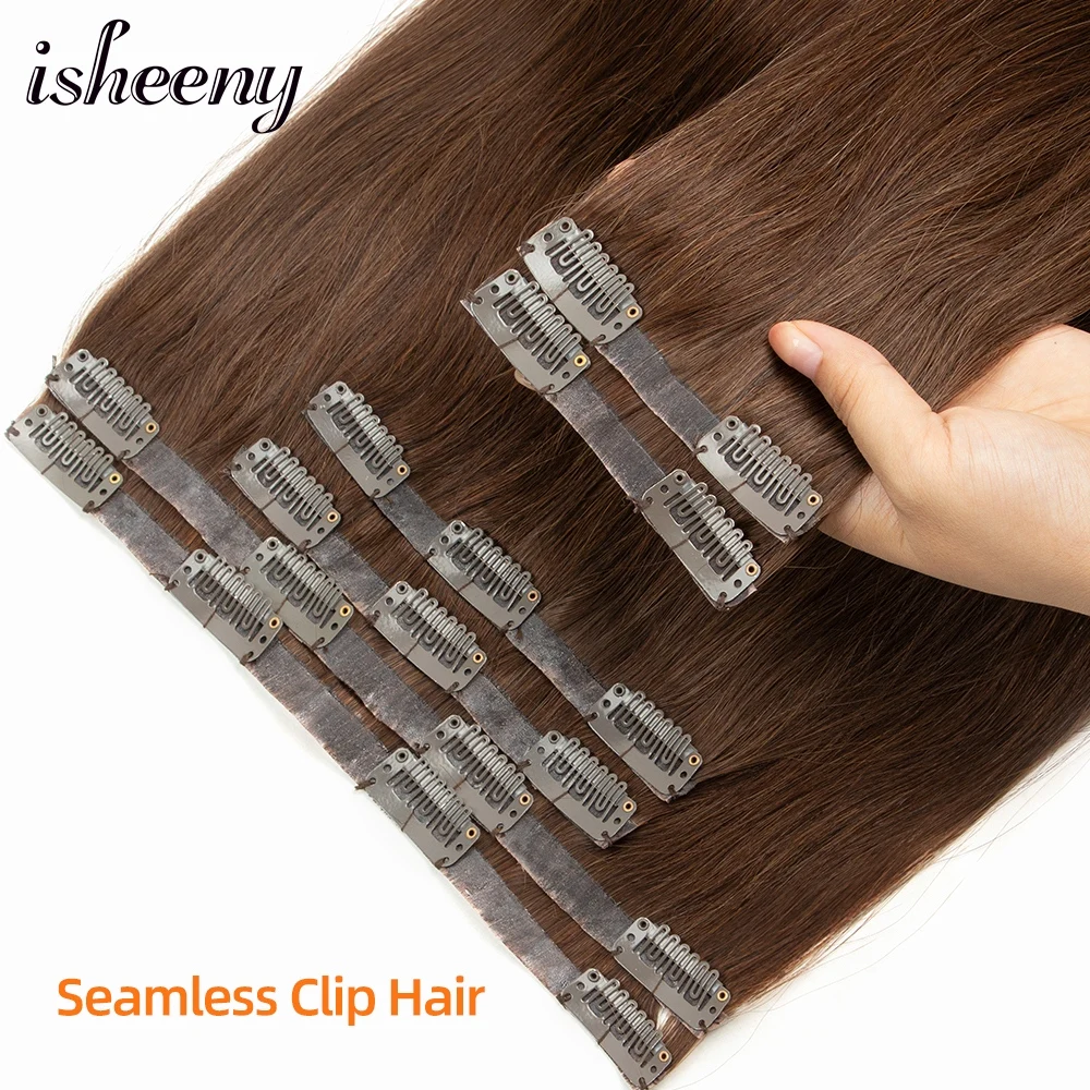 Isheeny PU Clip in Human Hair Extensions 6pcs/set Natural Straight Invisible Brazilian Machine Remy Clip Hair 120g 14\