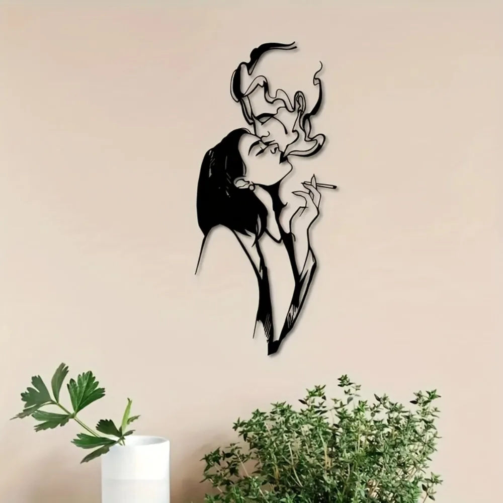 Black Iron Wall Sculpture Couple Line Art Abstract Black White Metal Decor Modern Minimalist 2D Flat Indoor Balcony Wedding Gift