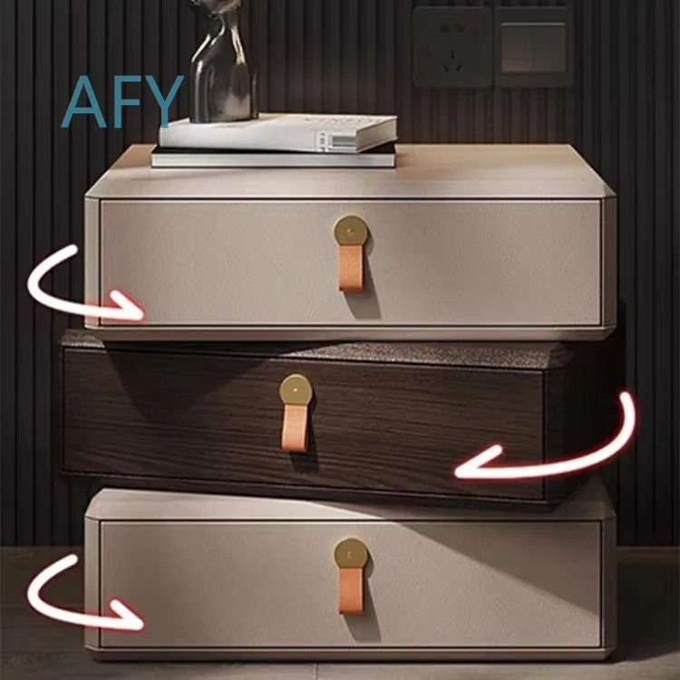 Luxury Minimalist Italian Style Rotating Wooden Leather Bedside Table for Modern Bedroom Storage Cabinet for Contemporary