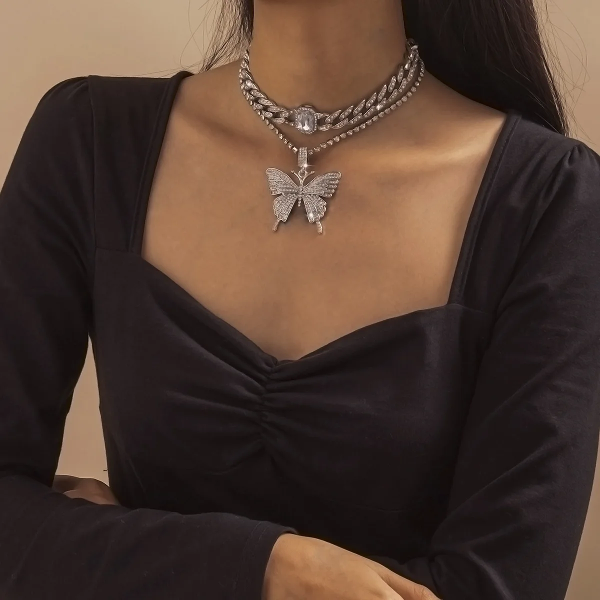 Cuban Chain Necklace Large Butterfly Pendant Square Micro Pave Rhinestone Handmade Elegant Party Jewelry Women Silver Metal