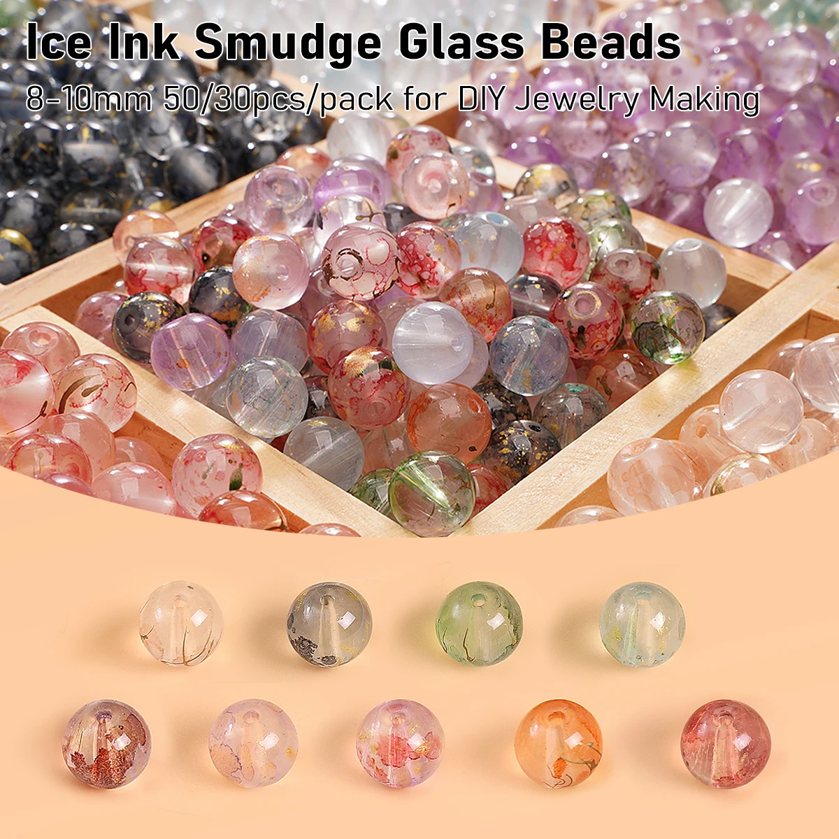 8-10mm Ice Ink Smudge Glass Beads Transparent Color for DIY Jewelry Making Bracelets/Necklaces 50/30pcs/pack