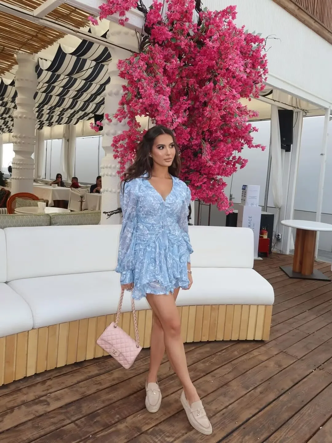 YENKYE Summer Ｗomen Ruffle V Neck Long Sleeve Floral Print Boho Short Dress Ladies Vintage Fairy Robe Holiday Vestido