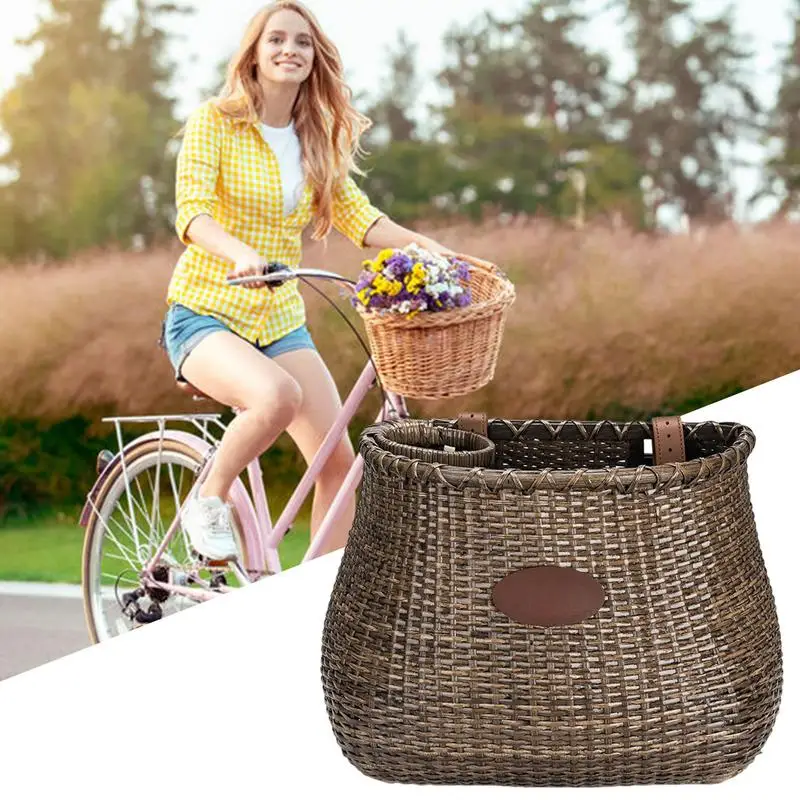 New Cycling Rattan Storage Basket Large Capacity Cycling Basket Storage Basket Built-in Cup Holder Adjustable Leather Carabiner