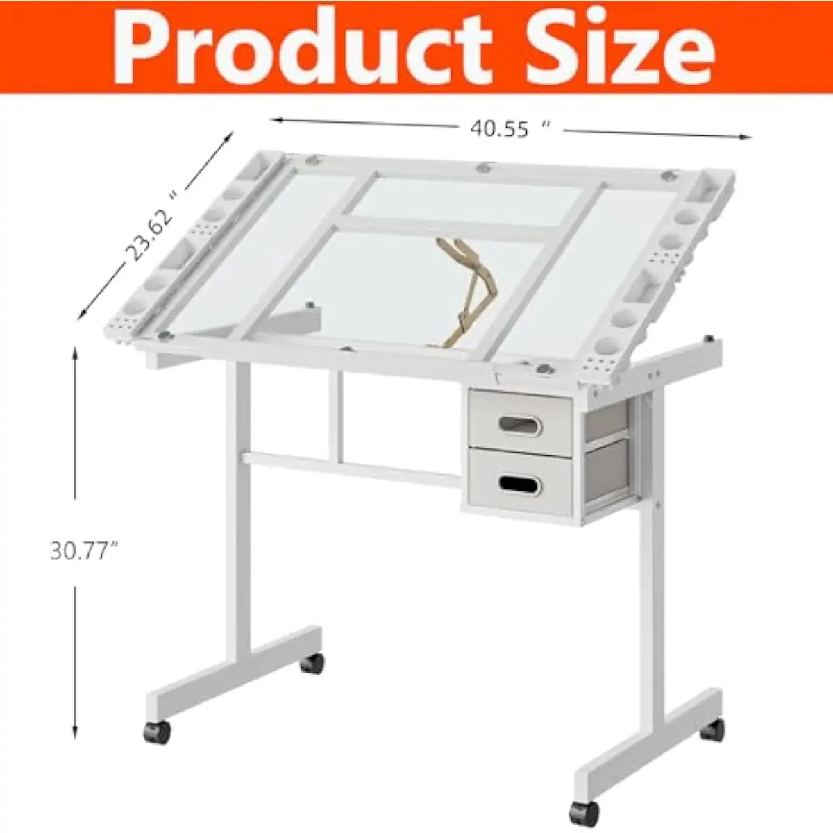 Adjustable Glass Drafting Desk with 0-70° Tilt Mechanism, Silent Locking Casters, Removable Storage Drawers, Slide-Up Pencil Led