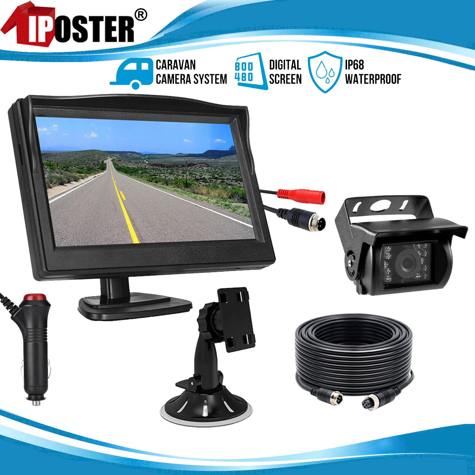 iPoster 5 Inch LCD Screen Monitor with Charger Plug and Play + 4PIN Rear View Reversing Camera 12-24v Caravan Rv Van