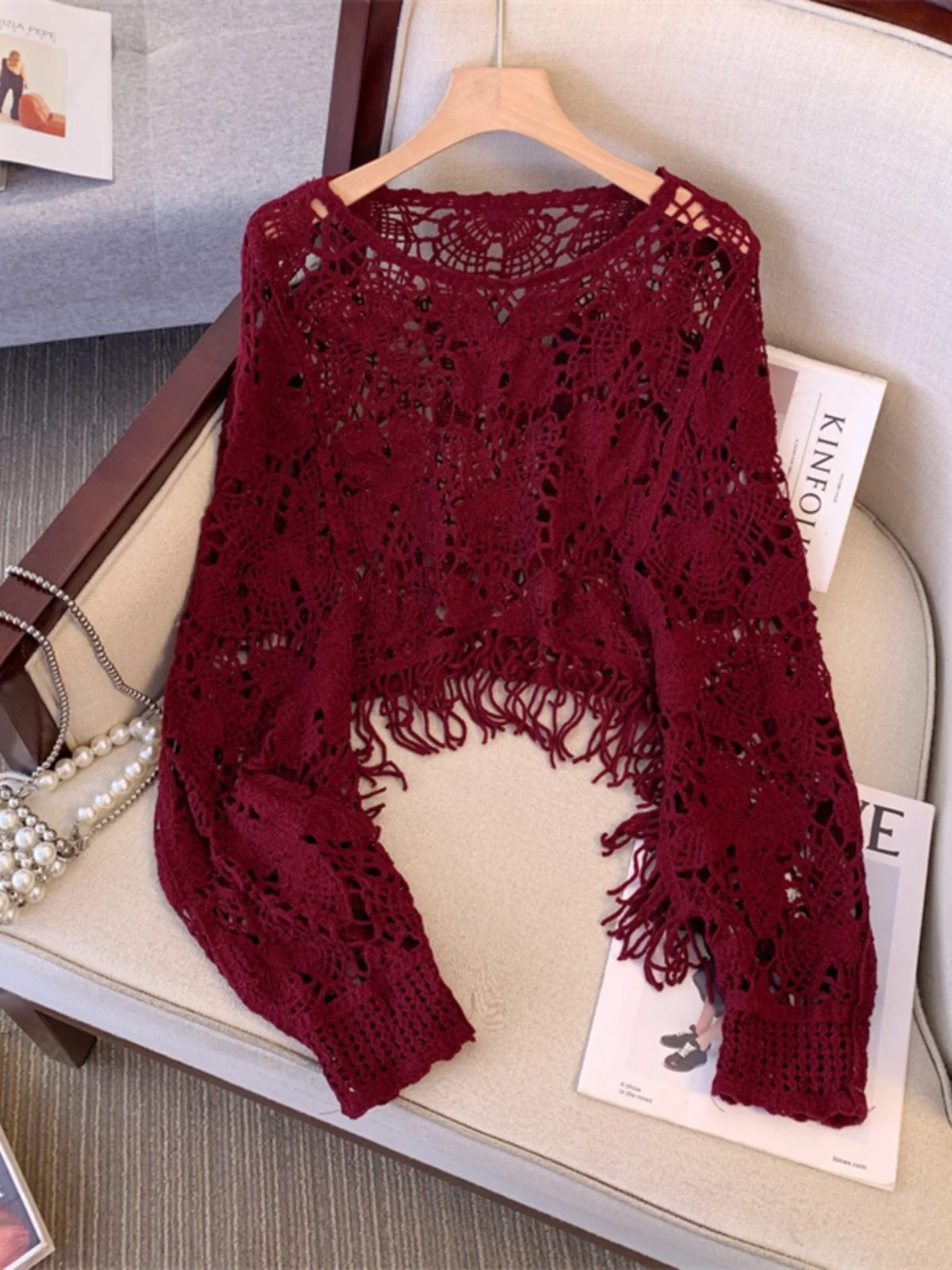 

Ankela Red Hook Hollow out Knitted Sweater Women's Early Spring New Large Size Fat MM Outer Covering Ruffle Top